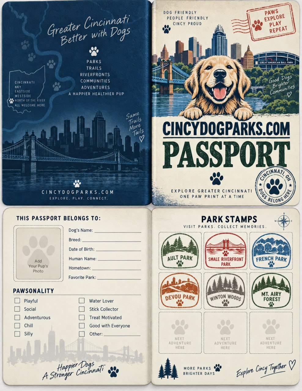 Cincinnati Dog Park Passport booklet: Good Dogs Explore More, Parks Today Happier Tomorrow — collect a stamp at every off-leash park.