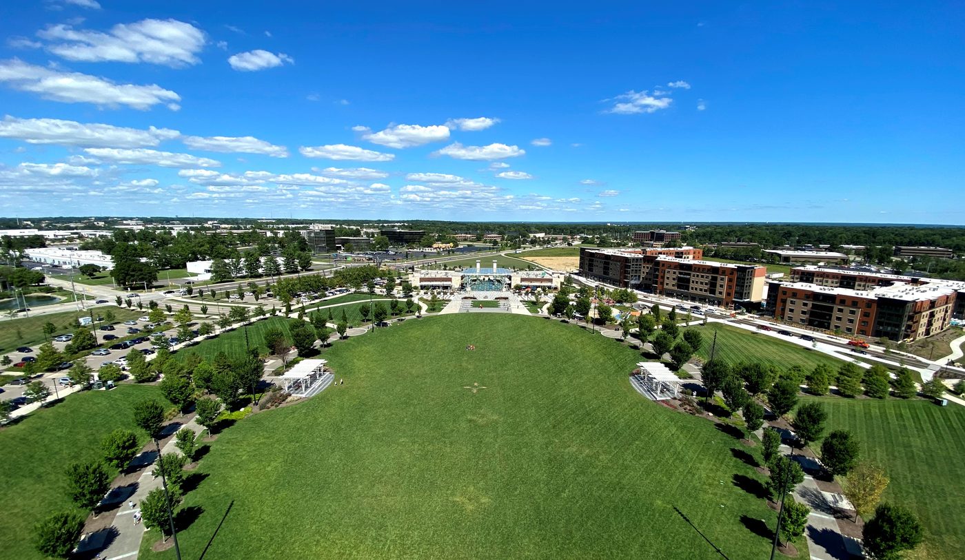 Aerial view of the Great Lawn, pergolas and central plaza at Summit Park in Blue Ash, Ohio. photo